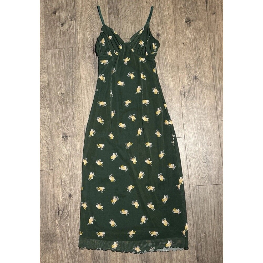 Urban Outfitters Dark Green Floral Mesh Slip Dress Sweetheart Midi Y2K Sz Small